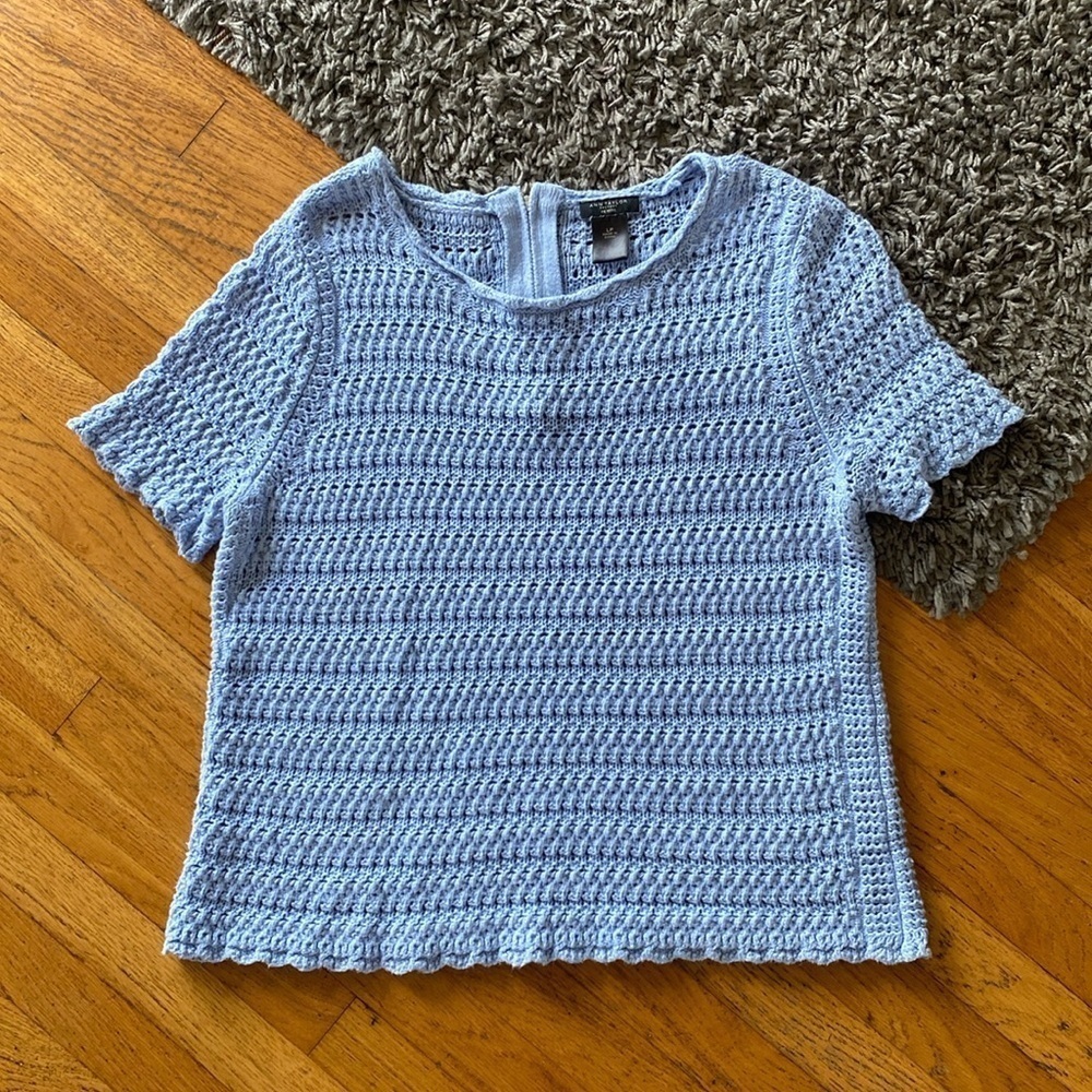 Ann Taylor Factory Petite Baby Blue Knitted Crochet Short Sleeve Blouse Size LP